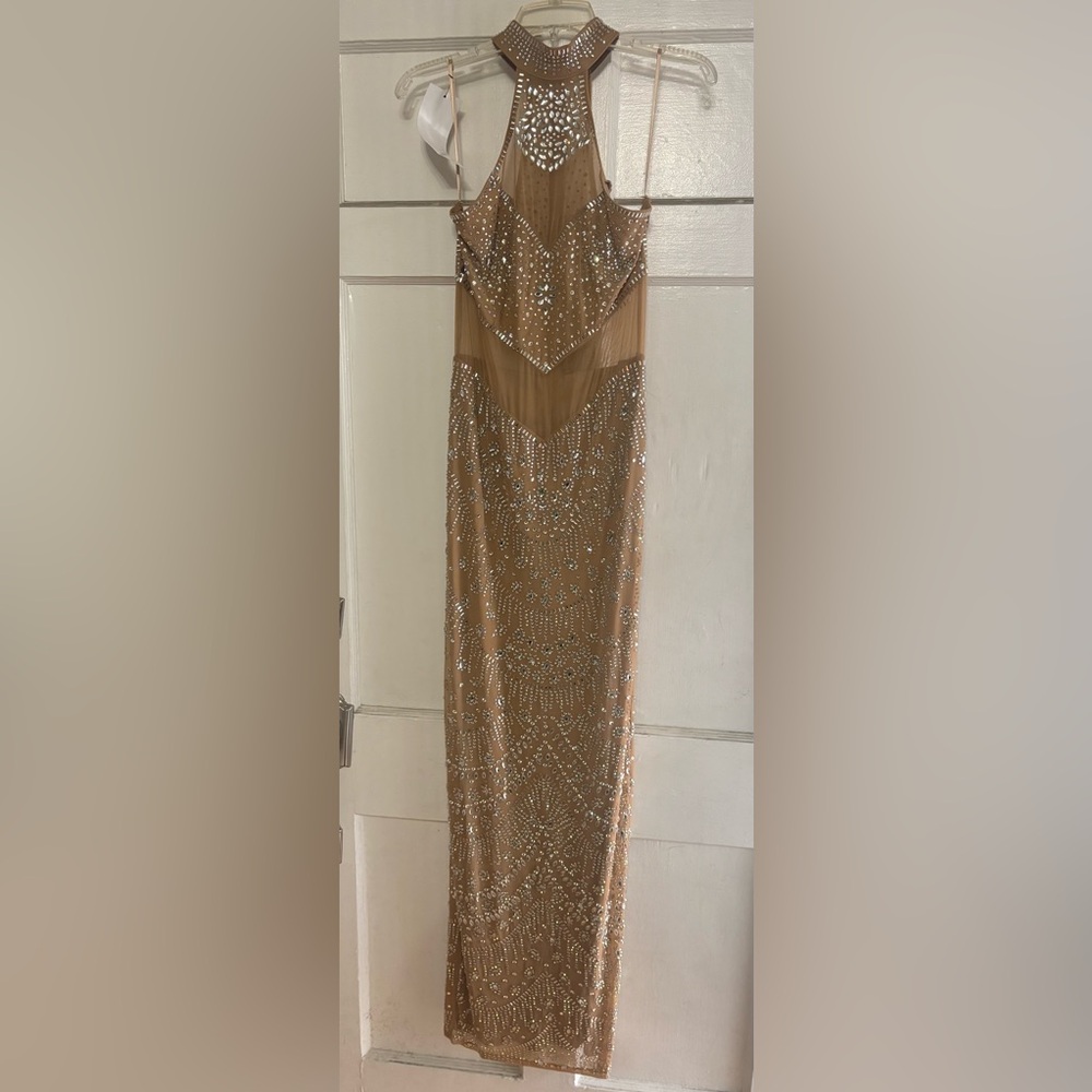 Elegant Brown Beaded Evening Gown
